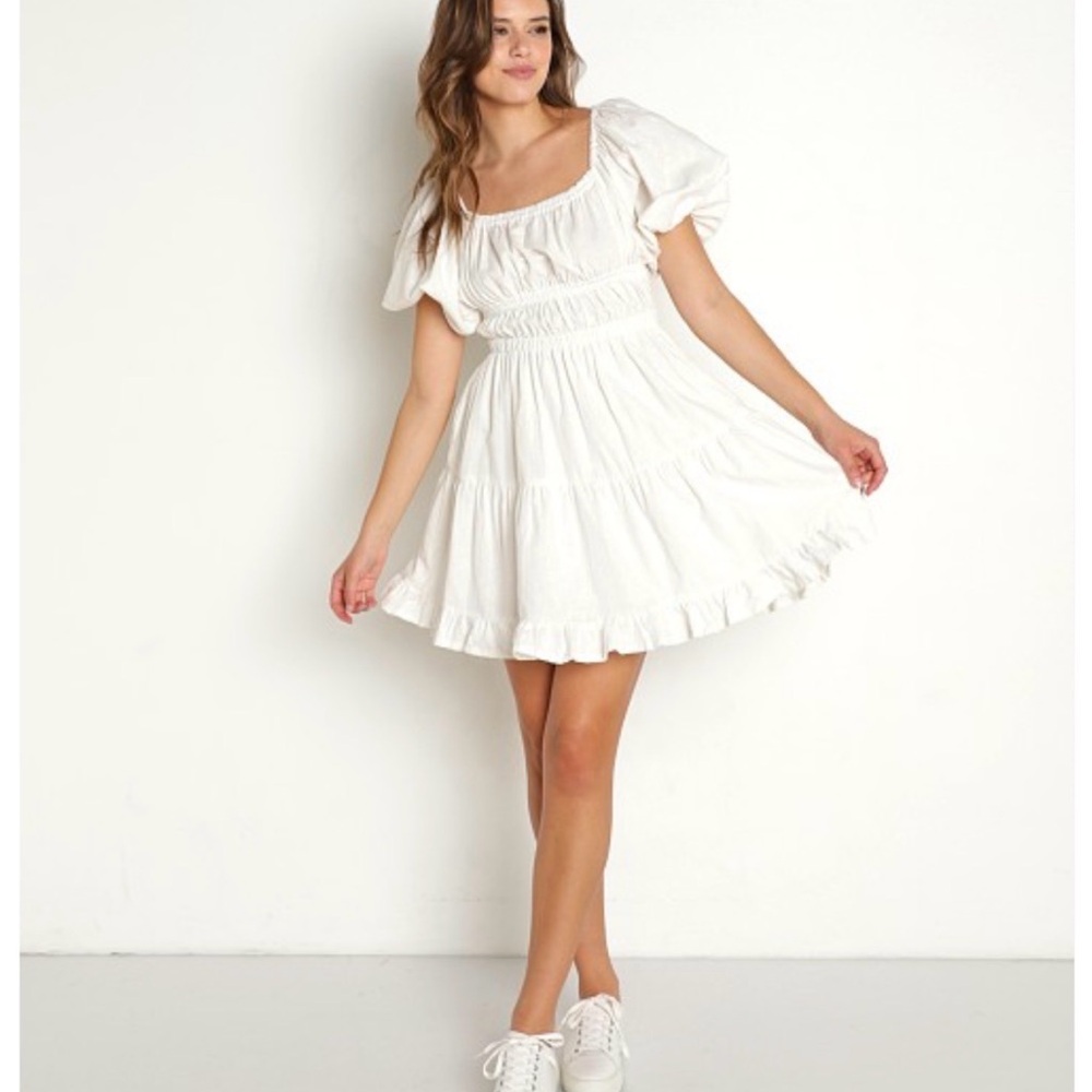 Cleobella White Puff-Sleeve Mini Dress